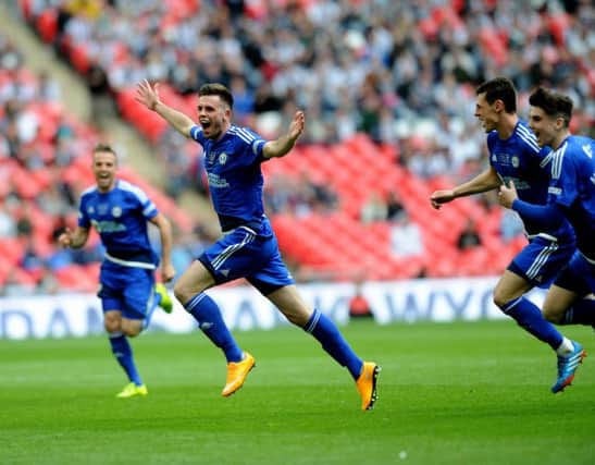 The FA Trophy Final.
FC Halifax v Grimsby Town.
Halifax's scott McManus celebrates his winning goal.
22nd May 2016.
Picture : Jonathan Gawthorpe