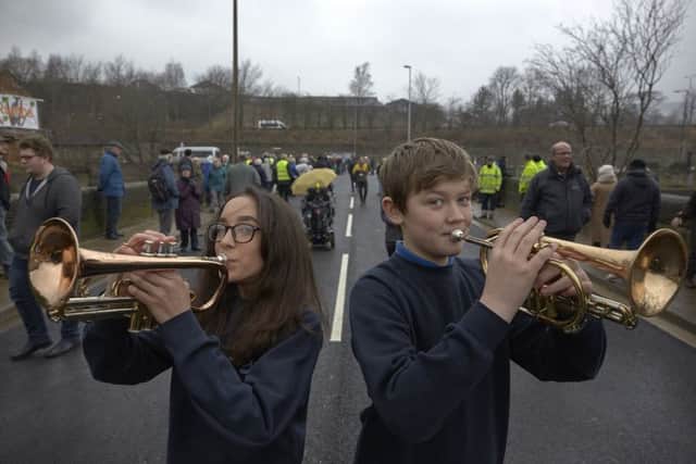 Elland Bridge opens. Rose Porritt aged 14 and Haydn Osborne 12 from the Brooksbank School band.