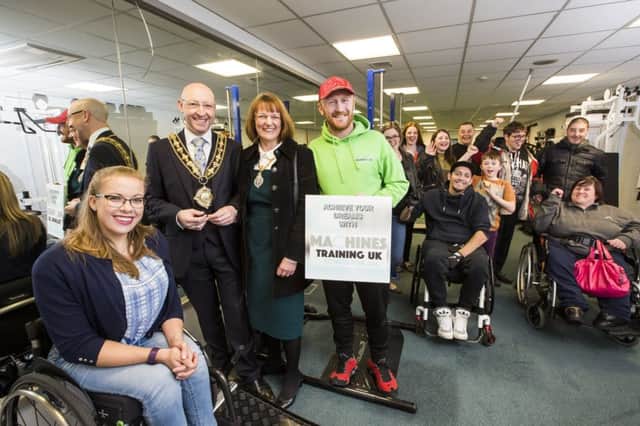 Opening of Machines Training UK - gym catering for people with disabilities, Threeways Centre, Ovenden. From the left, five-gold-medal-winning-Paralympian Hannah Cockroft, Mayor of Calderdale councillor Howard Blagbrough, Mayoress Catherine Kirk and Neil Foulds.