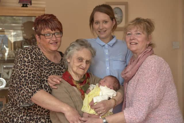 Hazel Smith, 89, with her five generation family. Liza Morley. Chelsea Gledhill, Marion Gledhill and two week old Faye Thomas.