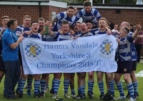 Halifax Vandals celebrate their Yorkshire Three title triumph with win at Castleford, April 2017