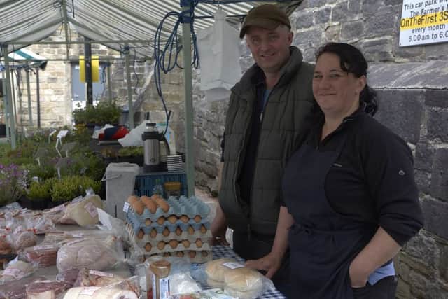 Hebden Bridge Market. Richard and Gretta Holmes at Marsh Top Farm Shop and Nurseries