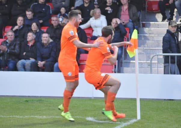 Richard Peniket celebrates his goal at Salford on Wednesday. Picture: Charlotte Tattersall/Salford City FC