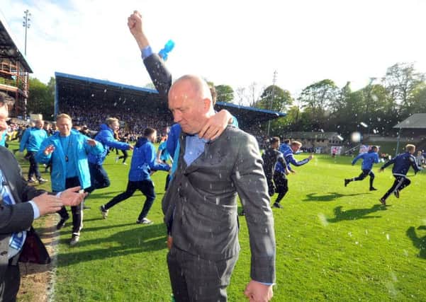 13 May 2017.......    Halifax Town v Choley National Conference North Play-off Final at the MSI stadium Halifax. 
Halifax manager Billy Heath  celebrates promotion after winning 2-1 after extra time. Picture Tony Johnson.