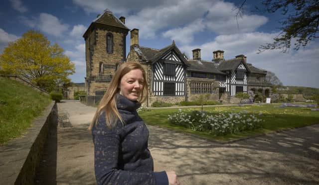 Anne Lister exhibition at Shibden Hall, Halifax. Angela Clare, collections manager outside Shibden Hall.