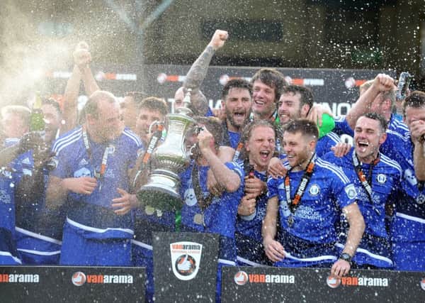 13 May 2017.......    Halifax Town v Choley National Conference North Play-off Final at the MSI stadium Halifax.
Town celebrate promotion. Picture Tony Johnson.