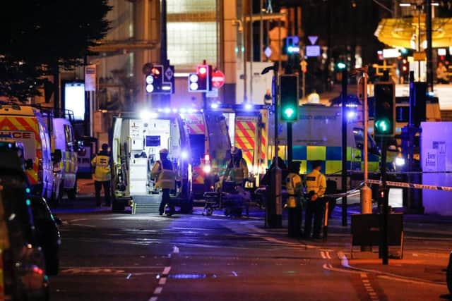 Swarms of emergency services at Manchesters MEN Arena and Piccadilly Station after an explosion tonight March 23 2017. Fatalities have now been reported.