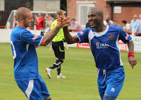 Lincoln United v. Sheffield Fc ... Vill Powell (right) celebrates Sheffield's fourth goal with Ash Worsfold.