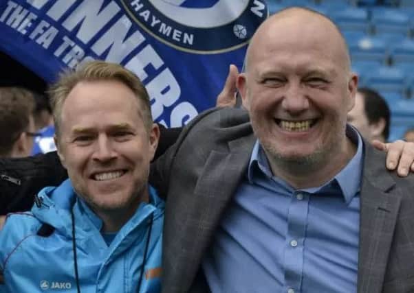 FC Halifax manager Billy Heath and assistent manager Mark Carroll celebrating their progression to the play-off final (Pitcure: Callum Ronan)