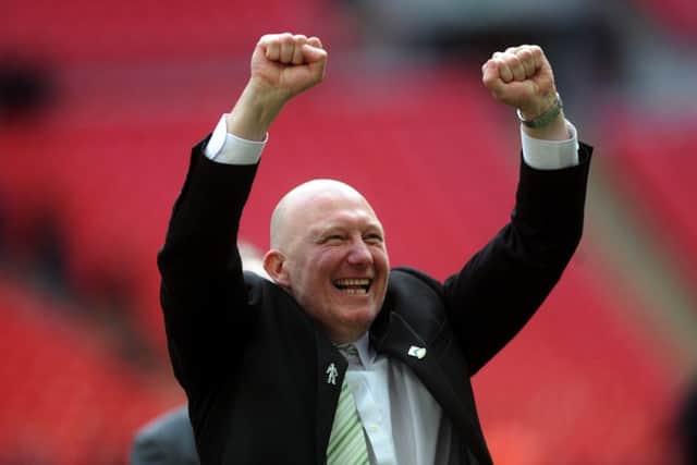 FA Trophy Final at Wembley Stadium.
North Ferriby United v Wrexham.
Ferriby's manager Billy Heath celebrates.
29th March 2015.
Picture Jonathan Gawthorpe.