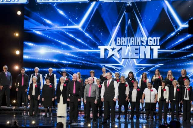 From Thames / Syco Entertainment

Britain's Got Talent: SR11: Ep1 on ITV

Pictured: Missing People Choir.

This photograph is (C) Thames / Syco Entertainment and can only be reproduced for editorial purposes directly in connection with the programme or event mentioned above, or ITV plc. Once made available by ITV plc Picture Desk, this photograph can be reproduced once only up until the transmission [TX] date and no reproduction fee will be charged. Any subsequent usage may incur a fee. This photograph must not be manipulated [excluding basic cropping] in a manner which alters the visual appearance of the person photographed deemed detrimental or inappropriate by ITV plc Picture Desk.  This photograph must not be syndicated to any other company, publication or website, or permanently archived, without the express written permission of ITV Plc Picture Desk. Full Terms and conditions are available on the website www.itvpictures.com

For further information please contact:
james.hilder@itv.com / 0207 157 3052