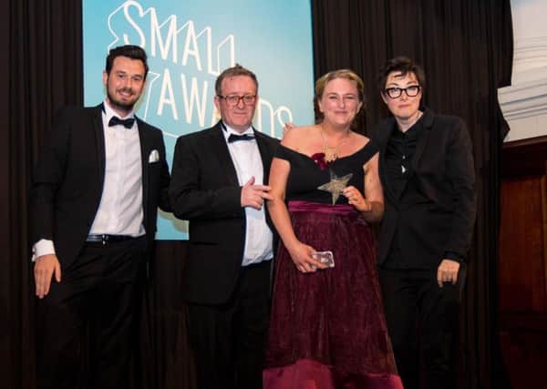 Brian and Vicky Nolan (centre), owners of Circuit Electrical Testing, with their 'Supply Chain' Small Award alongside (left) Ricky McFarland from award sponsor Mercedes Benz Vans and TV personality Sue Perkins, who hosted the Small Awards.
