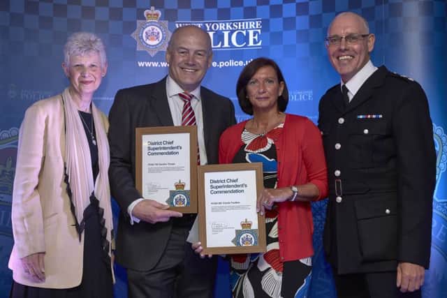 Calderdale Police Awards.  Calderdale District Commander Chief Superintendent Dcikie Whitehead and Brenda Hodgson with  PCSOs Gordon Thorpe and Carole Foulkes.
