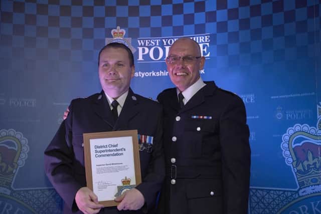Calderdale Police Awards. Calderdale District Commander Chief Superintendent Dickie Whitehead makes a presentation to David Whitehouse.