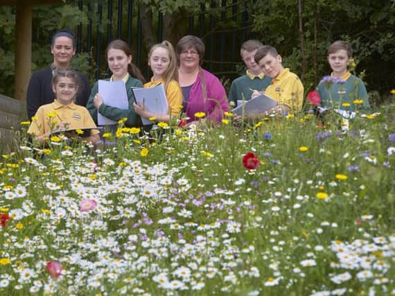 Staff and pupils in their new wildlife garden