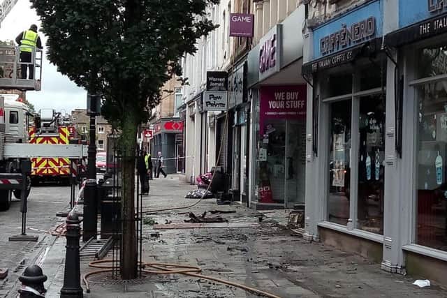 Debris at the scene of a fire in Halifax town centre