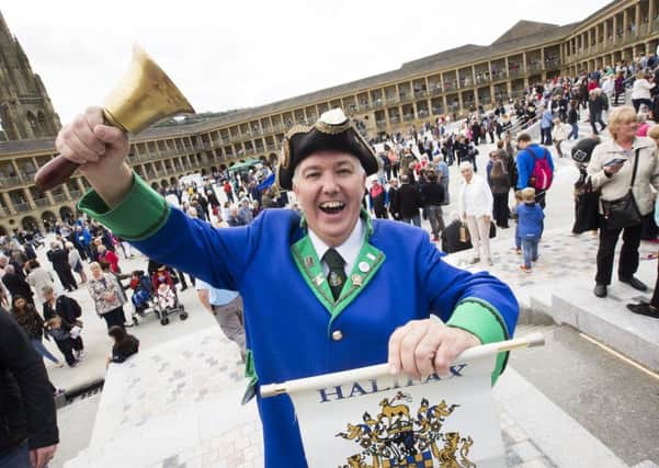 The Piece Hall re-opens. Halifax town cryer Les Cutts.