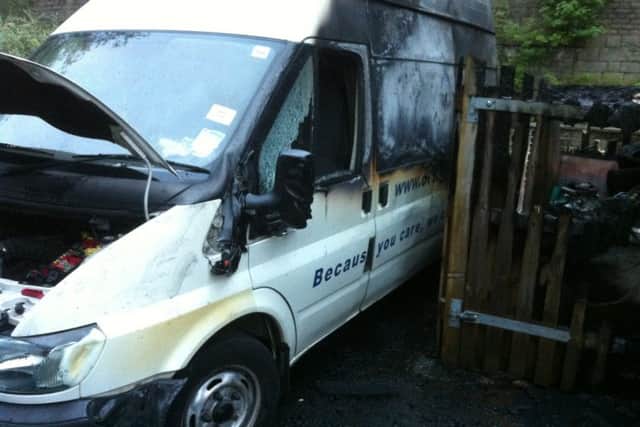 The van was damaged after an arson attack close to the furniture shop in Hebden Bridge