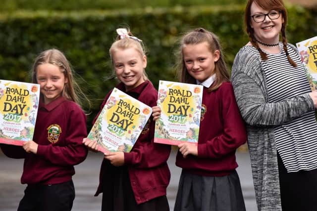 Roald Dahl Day YPO competition winners from Sowerby Village CE (VC) Primary School. From left to right: Elise Williams (9), Olivia Kitcher (9), Isabella Harding (9) and teacher, Miss Gledhill.