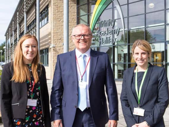 MD of Halifax Bank, Russell Galley, inspiring students at Trinity Academy Halifax, a Teach First iniative. Pictured with  Rebecca Round and Catherine Kripps