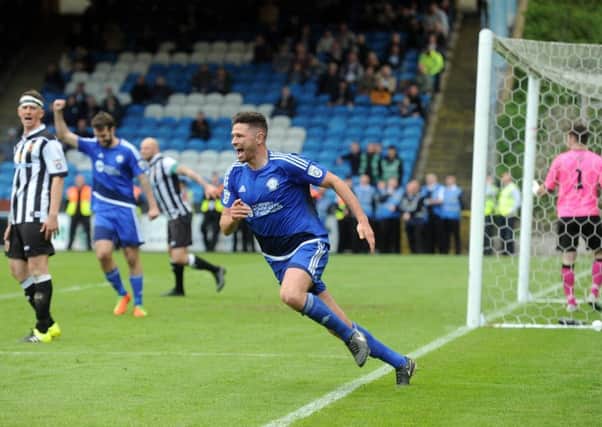 13 May 2017.......    Halifax Town v Choley National Conference North Play-off Final at the MSI stadium Halifax. 
Towns Scott Garner celebrates after scoring the winner in extra time. Picture Tony Johnson.