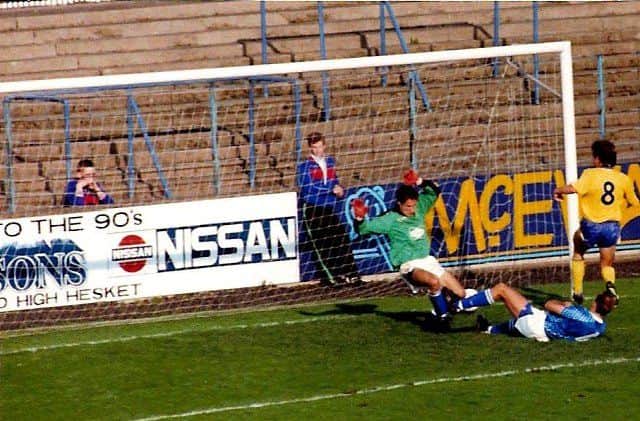Steve Norris scores at Carlisle. Picture: Johnny Meynell