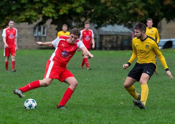 Actions from Hebden Royd RS v Midgley, at White Lee Rec, Mytholmroyd. Pictured is Will Chadwick and Greg Spink