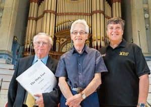 Composer Philip Wilby, Halifax Choral Society music director, choir master and conductor John Pryce Jones and Nicholas Childs, for Black Dyke Band, who play on The Holy Face CD, recorded for the society's 200th birthday, picture by Mike Bentley