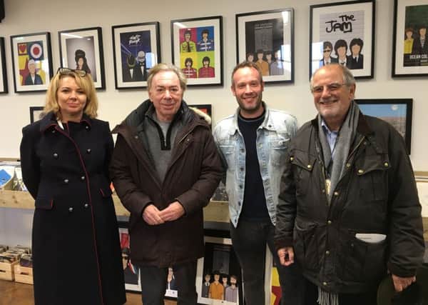 Pictured from the left at the Piece Hall, Halifax, are Nicky Chance-Thompson (chief executive of The Piece Hall Trust) Lord Lloyd Webber, Mark Richardson (owner of Loafers Vinyl and Coffee, one of the shops he visited) and Roger Harvey (vice-chair of The Piece Hall Trust)