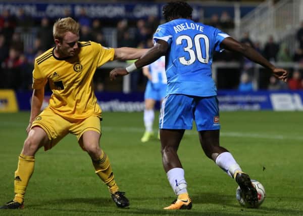 Hartlepool United V Halifax Town. National League.
Tomi Adeloye and Josh Clackstone.
Picture: TOM BANKS