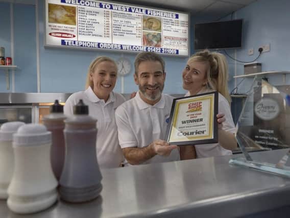 Halifax Courier Chip Shop of the Year. Winners West Vale Fisheries with Mark Kosanovic, Tanya O'Malley and Ewelina Salamon