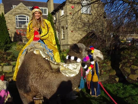 Annabel Carnley on a Christmas camel