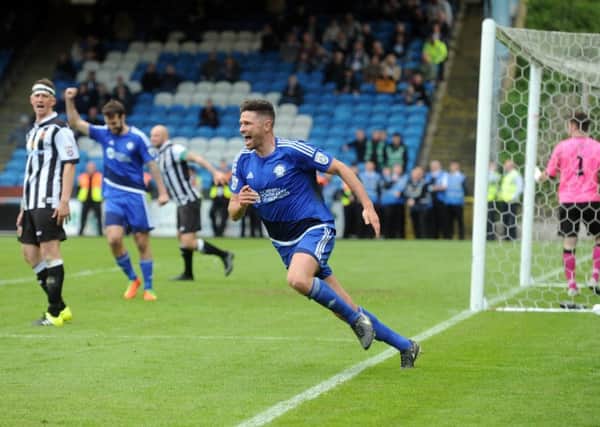 13 May 2017.......    Halifax Town v Choley National Conference North Play-off Final at the MBI stadium Halifax. 
Towns Scott Garner celebrates after scoring the winner in extra time. Picture Tony Johnson.