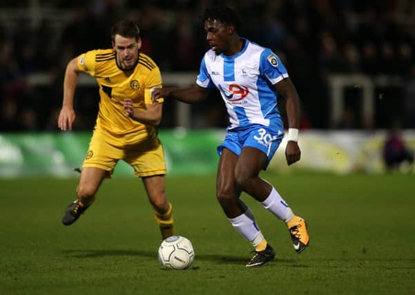 Hartlepool United V Halifax Town. National League.
Tomi Adeloye and Nathan Hotte.
Picture: TOM BANKS