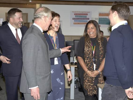 Prince Charles meets members of staff at Covea Insurance, Halifax.