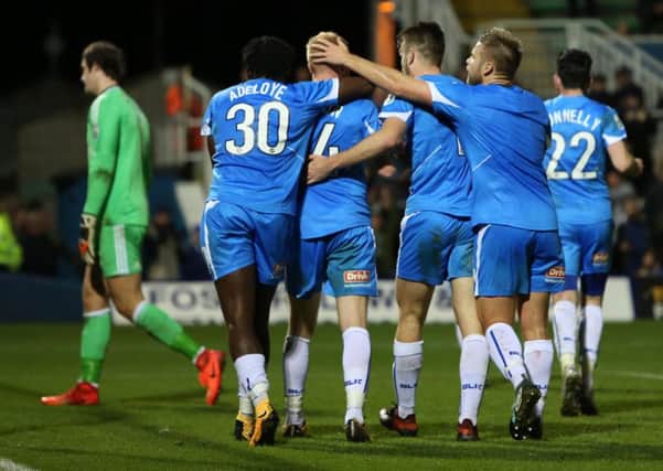 Hartlepool United V Halifax Town. National League.
Conor Newton celebrates putting Pools 4-0 up.
Picture: TOM BANKS