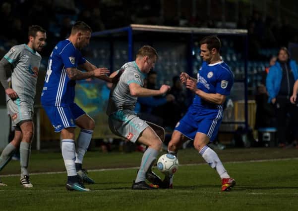 Actions from the game, FC Halifax Town v Hartlepool, at the Shay