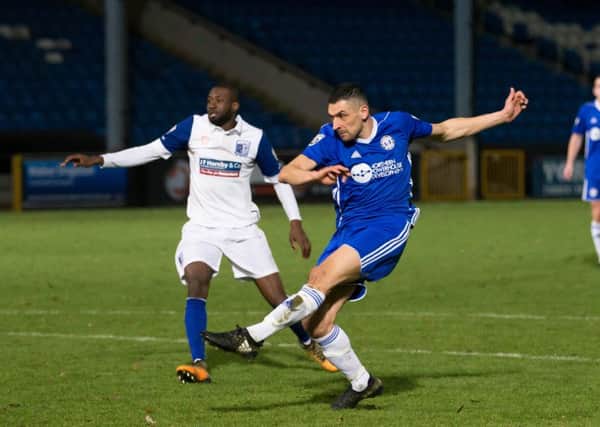 Actions from FC Halifax Town v Barrow, at the Shay Stadium. Danny Clarke