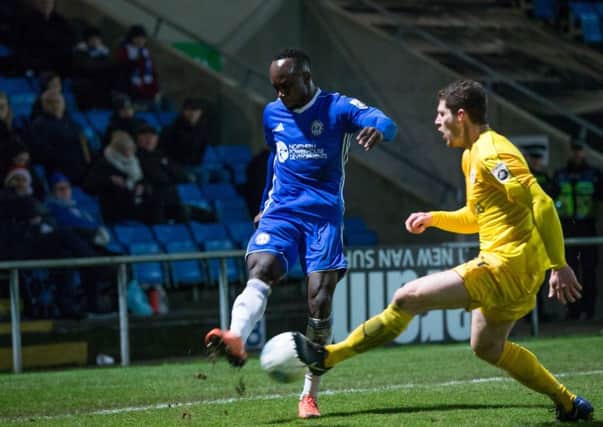 Actions from Halifax Town v Chester City, at the Shay Stadium. Cliff Moyo