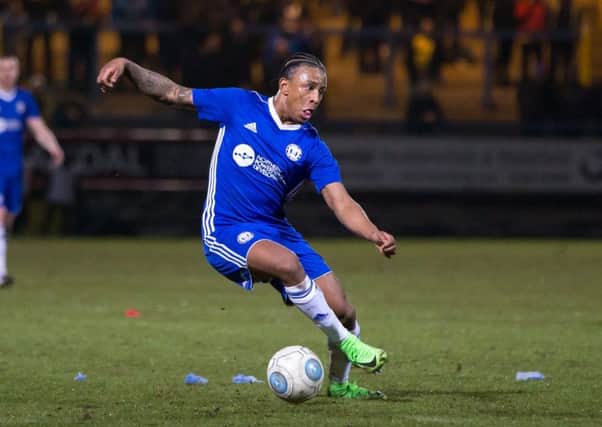 Actions from FC Halifax Town v Dag and Red, at the MBI Shay. Raheem Hanley
