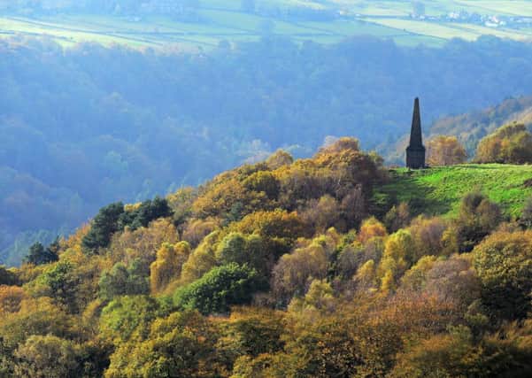 Autumn colours of Hardcastle Crags and the Peckett Well War Memorial.
The War Memorial at Smeakin Hill to the 33 men of Wadsworth who lost their lives in the war of 1914  1918 was unveiled on 23rd September 1923 by Major Robert H. Barker.
Roughly based on Stoodley Pike, it is an obelisk 41 feet high (Stoodley is 120 feet) it was designed by the Wadsworth Surveyor Mr Dent Parker and built by Oldfield Watson on land given by Mr Weir of Lower Crimsworth Farm. It has a natural rock foundation.
16 October 2017.  Picture Bruce Rollinson

Tech Details: Nikon D4, 80-200 mm Nikkor, 1/800th sec @f9, 400 asa.