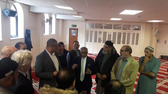 James Cleverly MP with Amjad Bashir MEP at the Markazi Jamia Mosque in Rhodes Street, Halifax.