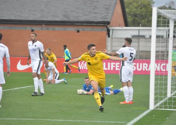 Adam Morgan scores for Town in their 1-1 draw at Boreham Wood in October. Picture: Kelly Gilchrist.
