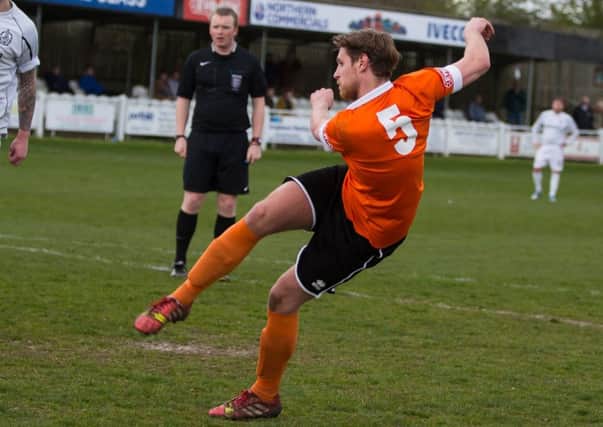 Actions from Brighouse Town v Mossley. Pictured is James Hurtley scoring a goal