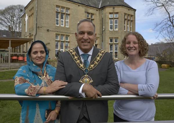 The Mayor and Mayoress of Calderdale Coun Ferman Ali and Mrs Shaheen Ali with Vicky Ledwidge at the St Augustines Centre, Halifax.