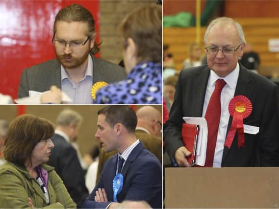 Lib Dem leader James Baker, top left, Conservative leader Scott Benton, bottom left and Labour Leader Tim Swift