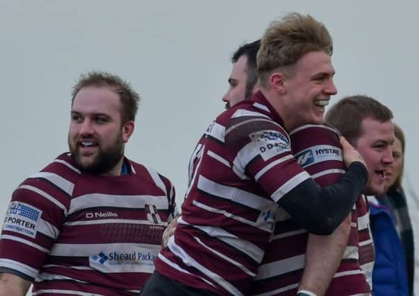 FLASHBACK TO FEBRUARY: Player-coach Chris Stone (left) joins in the celebrations following Rishworthians league win at Scarborough.  Harry Whittam and Sam Nunn are the other players from the Copley club pictured.  Photo: Jade Smith.