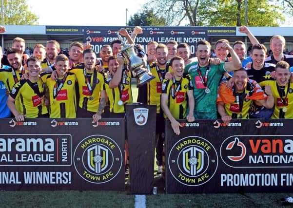 13 May 2018......  Harrogate Town v Brackley. National League North Play Off Final, Wetherby Road Harrogate.
Town celebrate promotion after winning 3-0. Picture Tony Johnson.